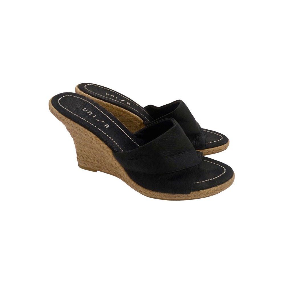 Unisa Sz 6.5  Black Leather Espadrille Wedge Sandals Slide Open Toe Jute Heel